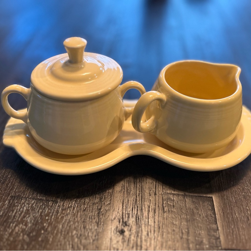 Yellow Fiesta Sugar Bowl and Creamer Set with Tray